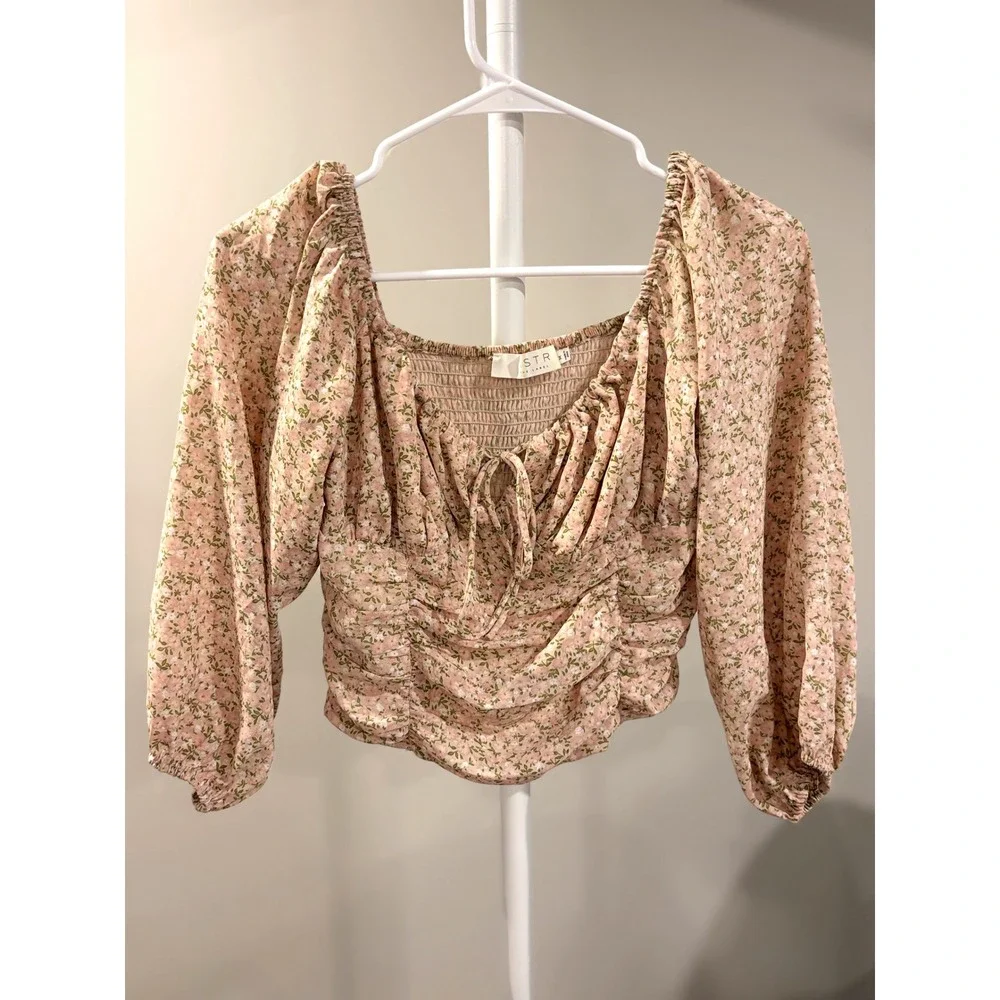 Ren Fair French Parisian Girl Top Ruched Milkmaid Top Long Puff Sleeve Small